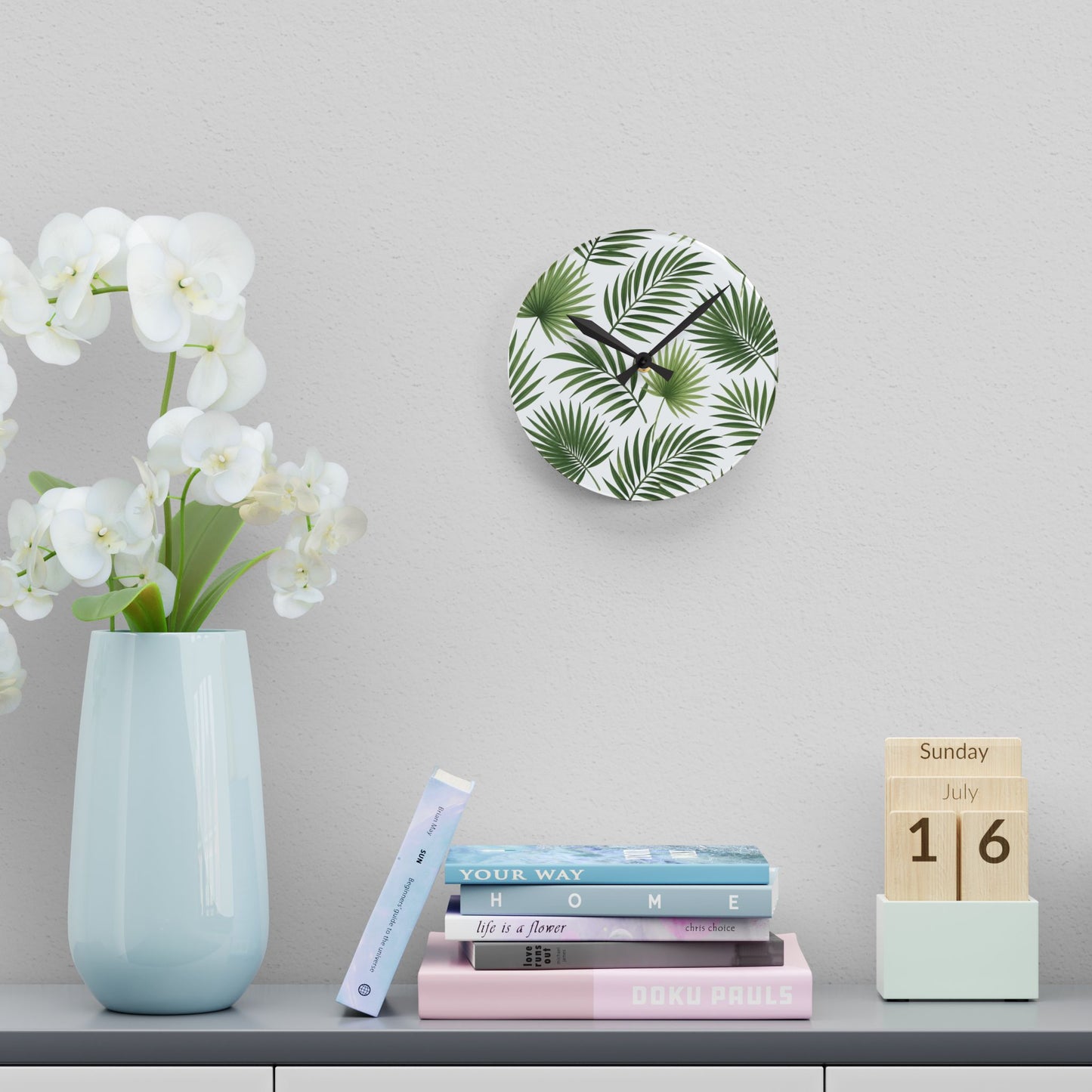 Tropical Palm Leaf Acrylic Wall Clock — Botanical Green Home Decor