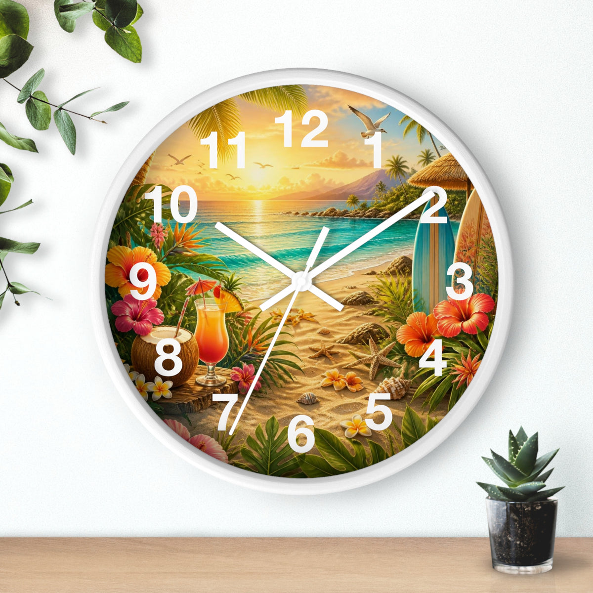 Tropical Beach Wall Clock — Sunset Surf & Hibiscus Clock