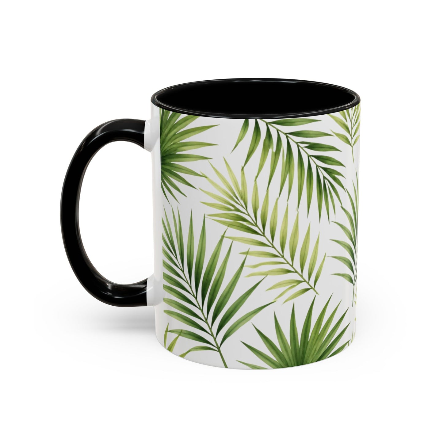 Tropical Palm Accent Coffee Mug – Green Leaf Pattern, 11/15oz