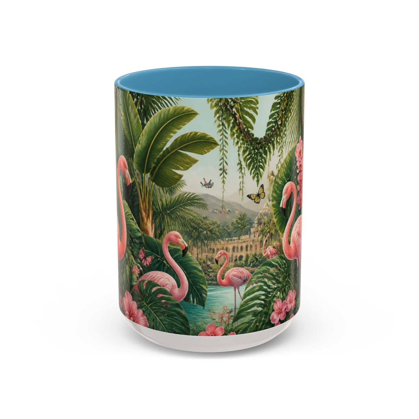 Tropical Flamingo Accent Mug — Colorful Parrot & Palm Coffee Cup
