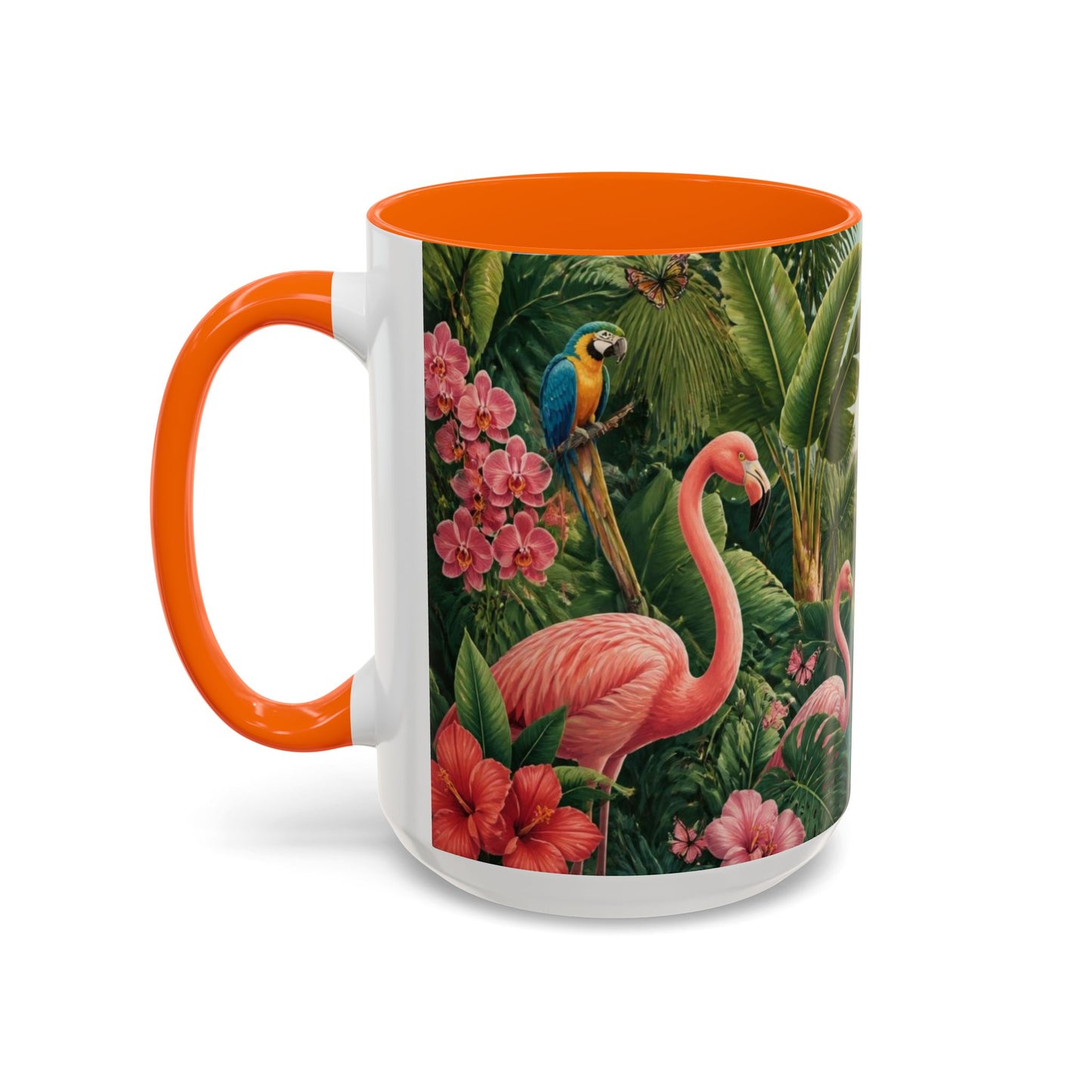 Tropical Flamingo Accent Mug — Colorful Parrot & Palm Coffee Cup