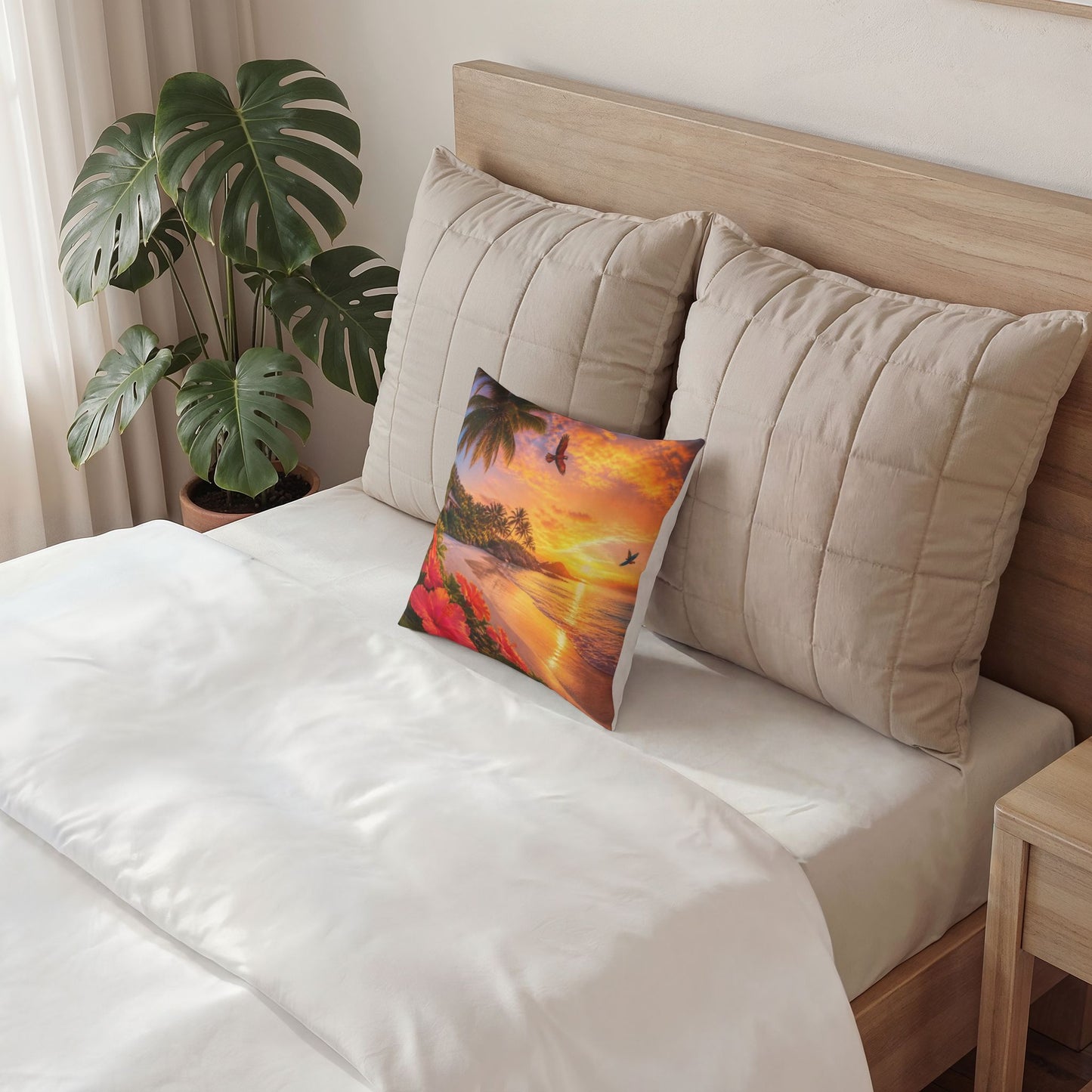 Tropical Sunset Pillow – Beach Scene Poly Velvet Decorative Throw Pillow