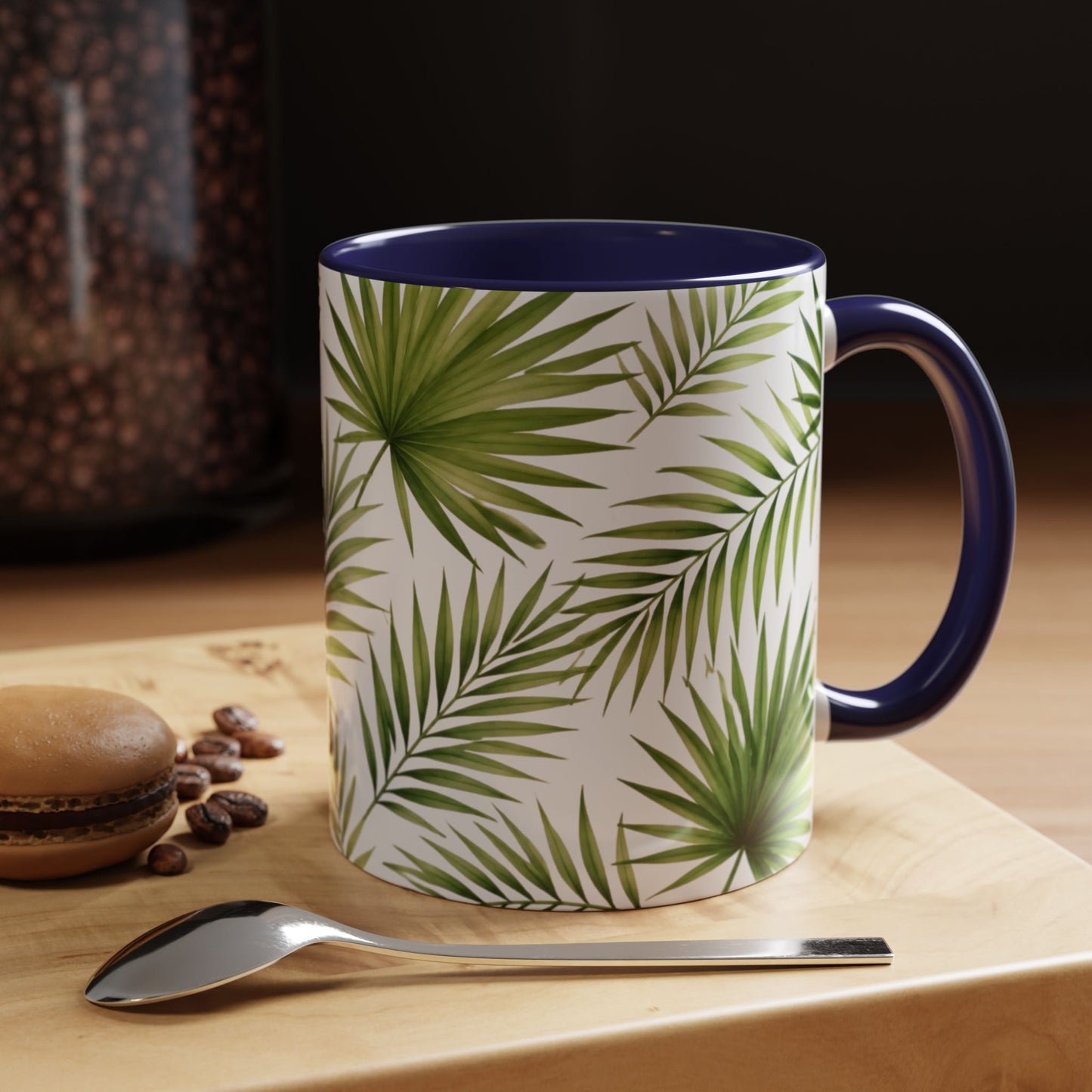 Tropical Palm Accent Coffee Mug – Green Leaf Pattern, 11/15oz