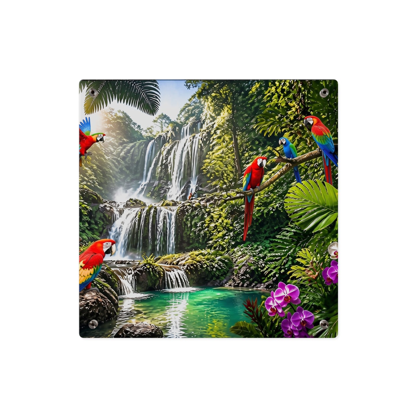 Tropical Waterfall Acrylic Wall Art Panel — Parrots & Jungle Oasis