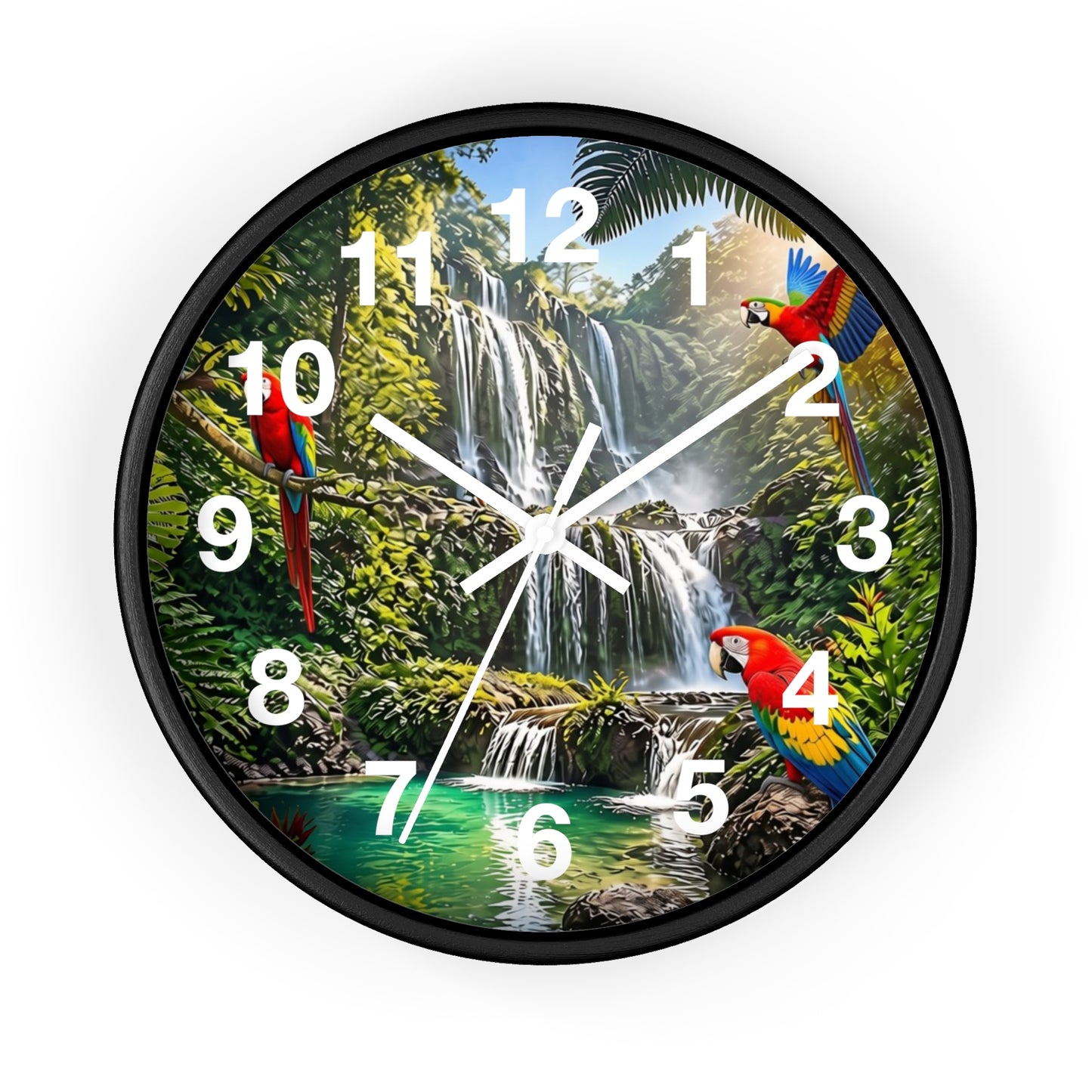 Tropical Waterfall Wall Clock with Colorful Parrots – Scenic Jungle Decor