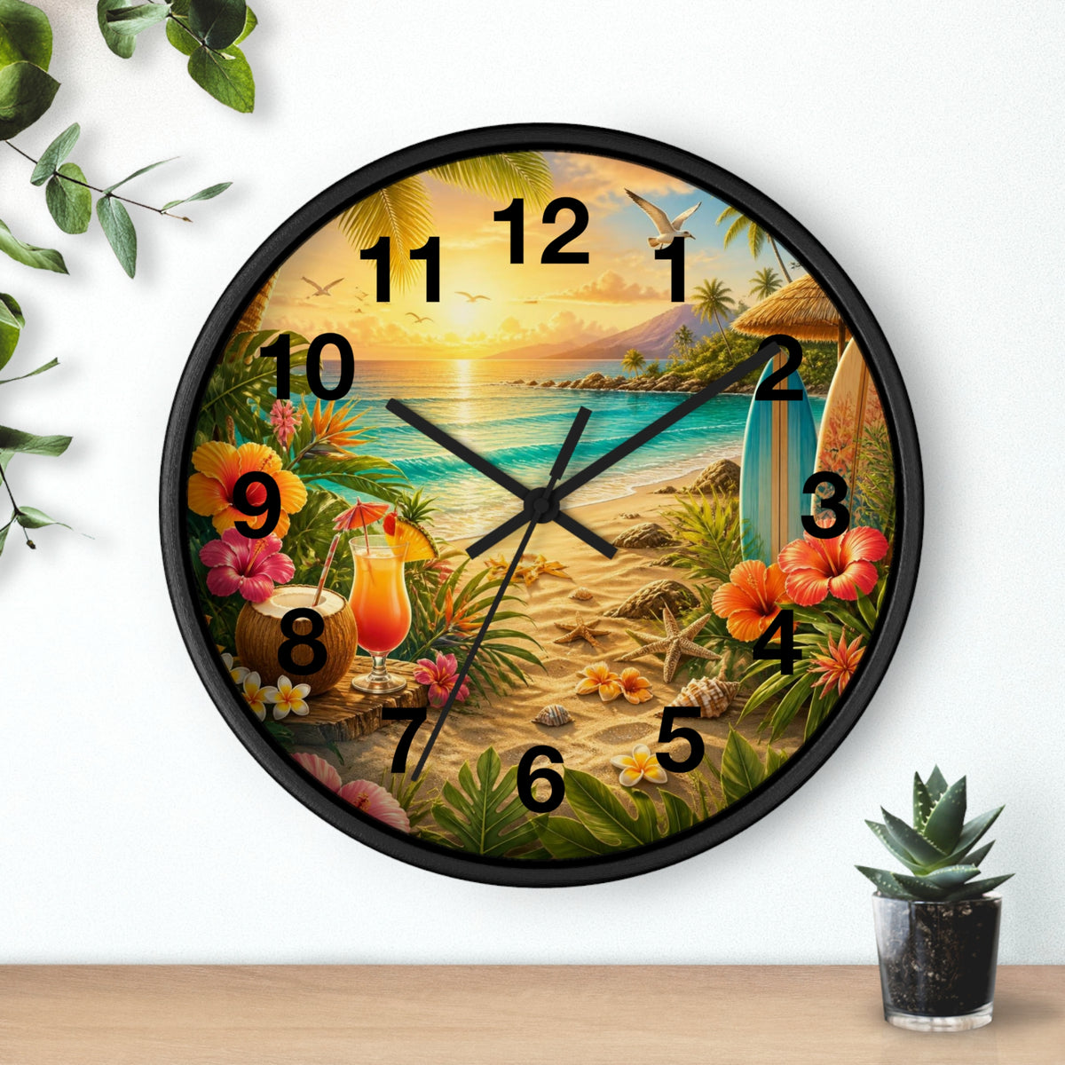 Tropical Beach Wall Clock — Sunset Surf & Hibiscus Clock