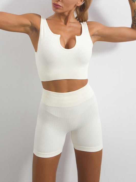 Seamless 2-Piece Workout Set for Women – Ribbed Crop Tank & High-Waist Shorts