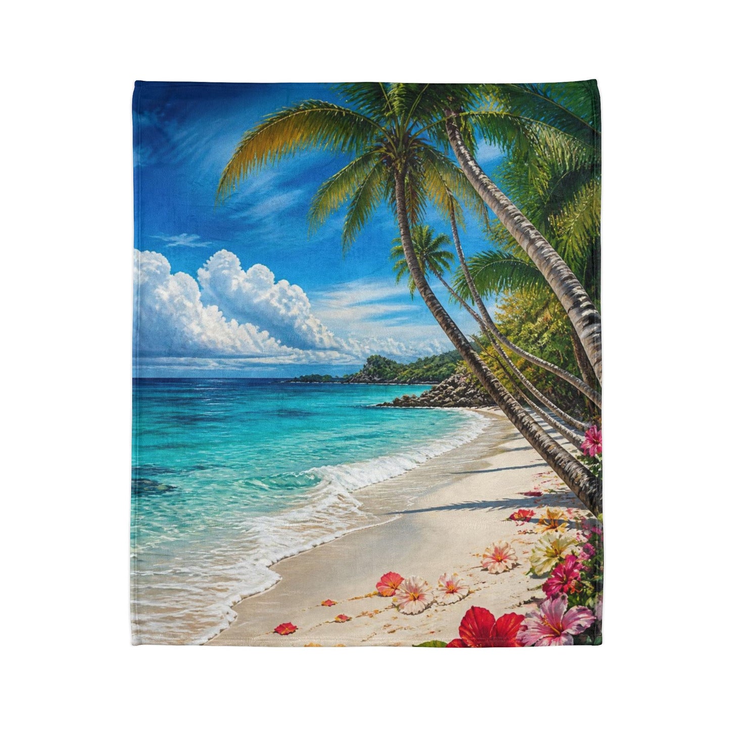Tropical Beach Blanket — Palm Trees, Ocean Waves & Hibiscus Coastal Throw
