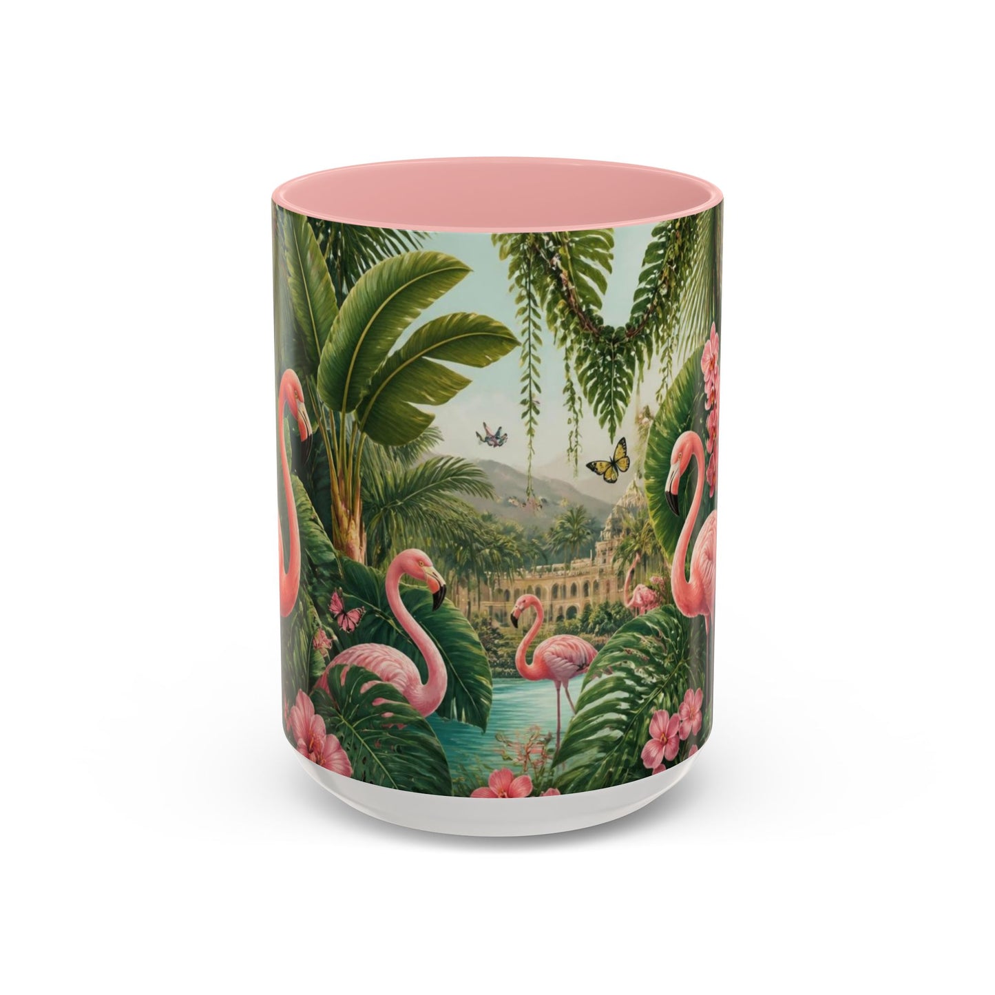 Tropical Flamingo Accent Mug — Colorful Parrot & Palm Coffee Cup
