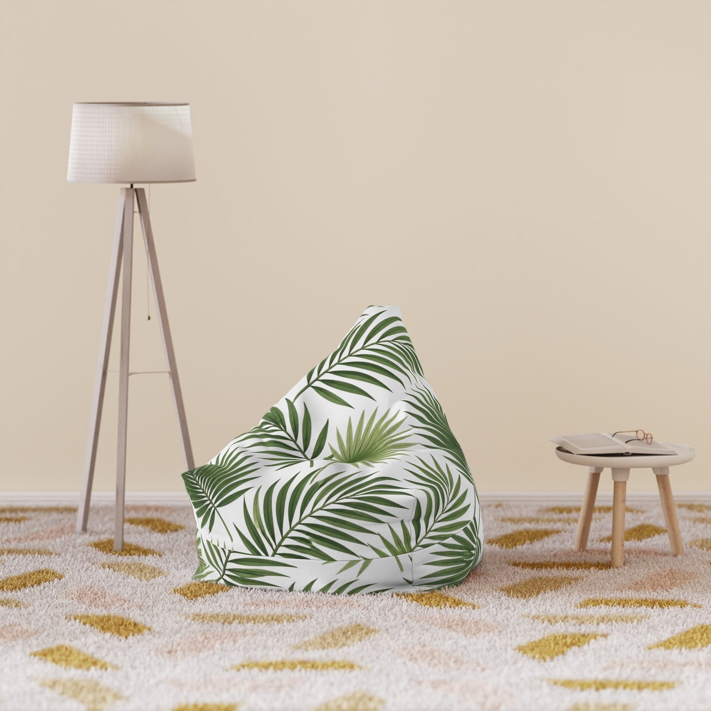 Tropical Palm Leaf Bean Bag Cover - Green Botanical Floor Pouf Slipcover