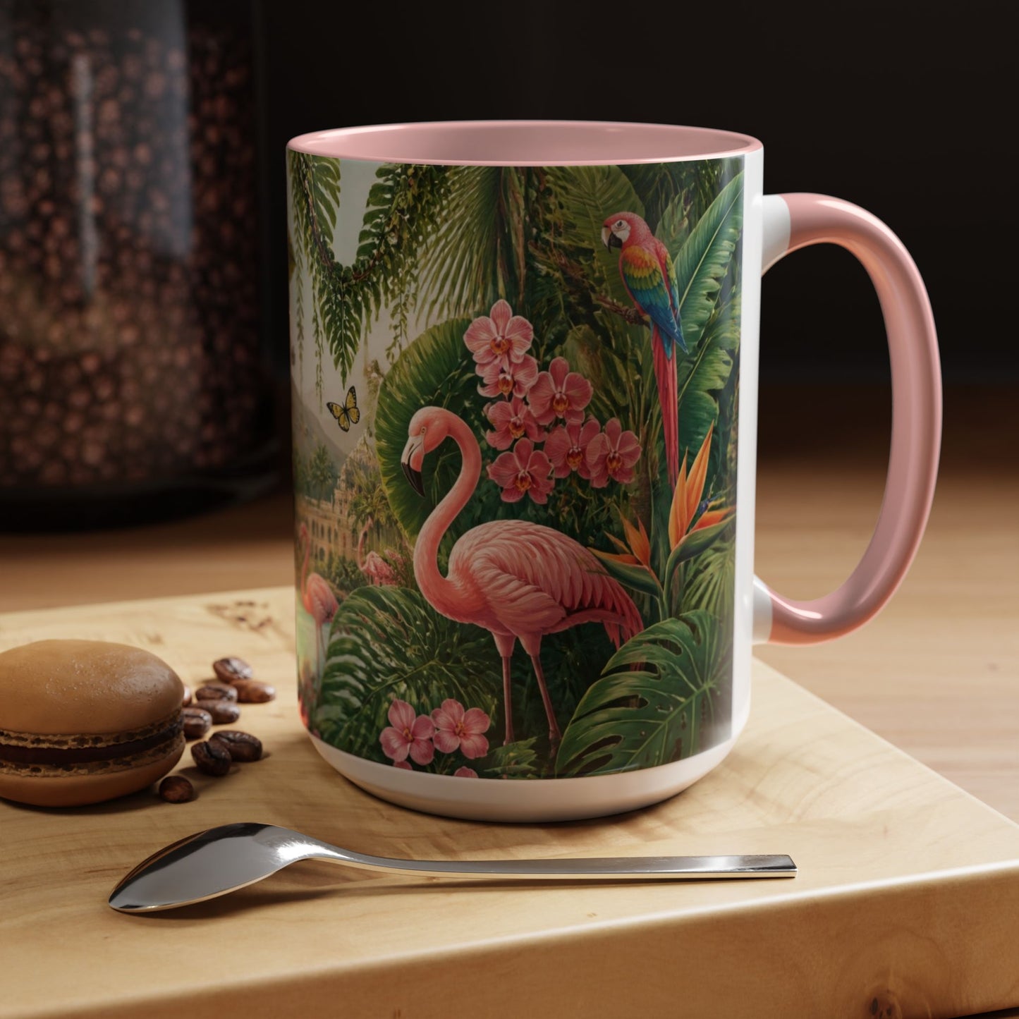Tropical Flamingo Accent Mug — Colorful Parrot & Palm Coffee Cup