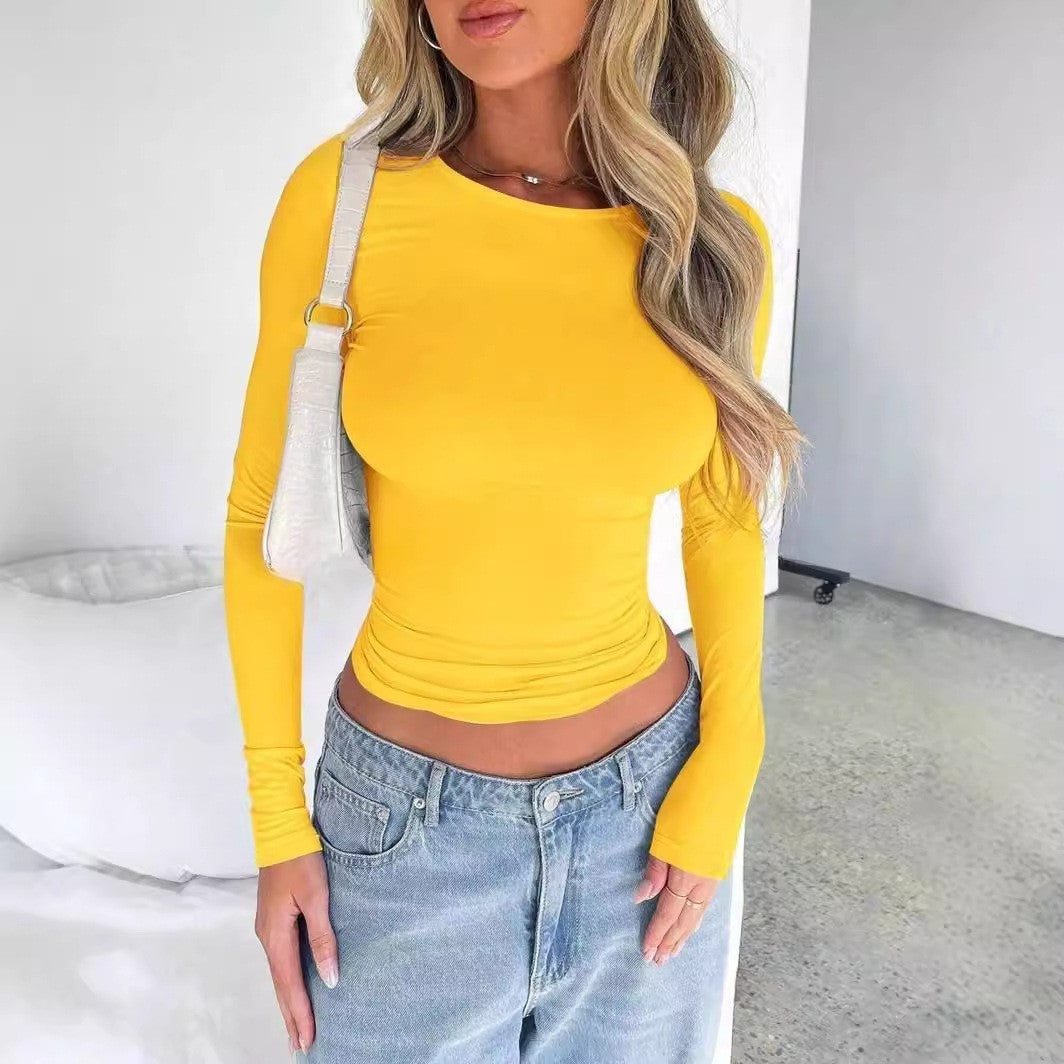 Solid Color Slim Fit Long-Sleeve Tee – Women's Essential Round Neck