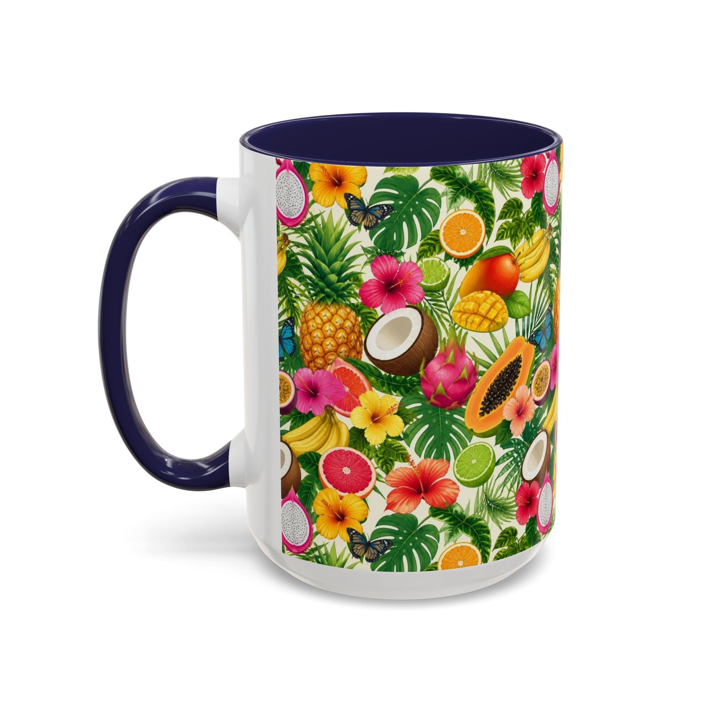 Tropical Fruit Coffee Mug — Colorful Pineapple & Hibiscus Accent Ceramic Mug (11/15oz)