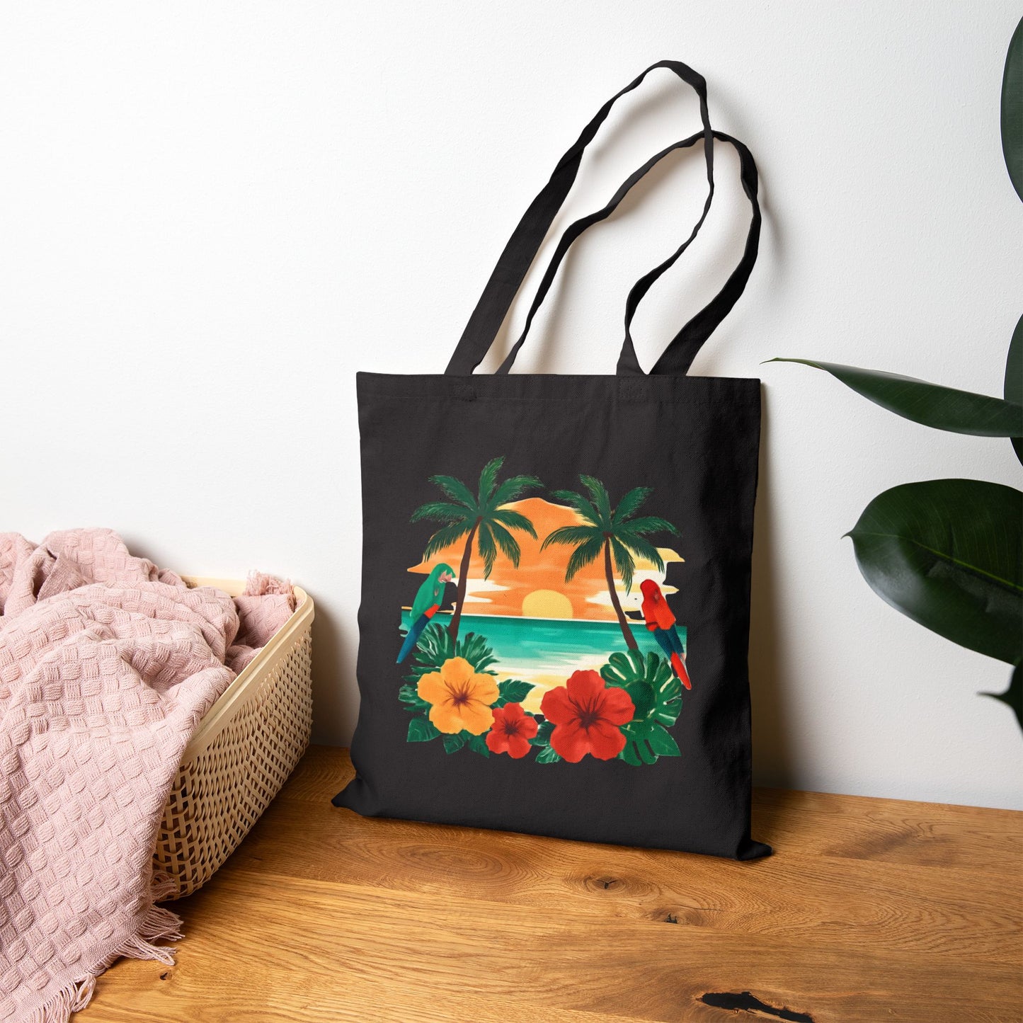 Tote Bag — Tropical Sunset Palm & Hibiscus Canvas Tote