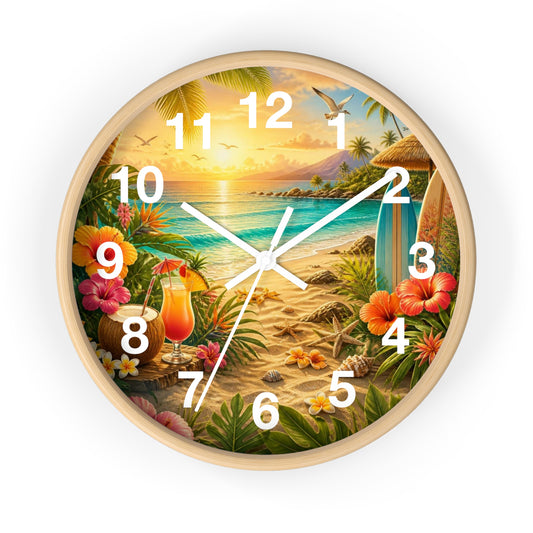 Tropical Beach Wall Clock — Sunset Surf & Hibiscus Clock