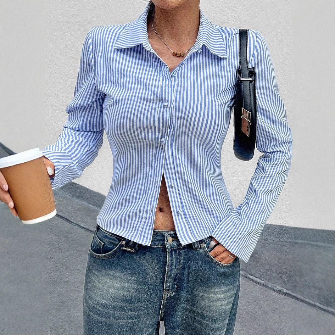 Women's Striped V-Neck Long Sleeve Shirt – Casual Everyday Top