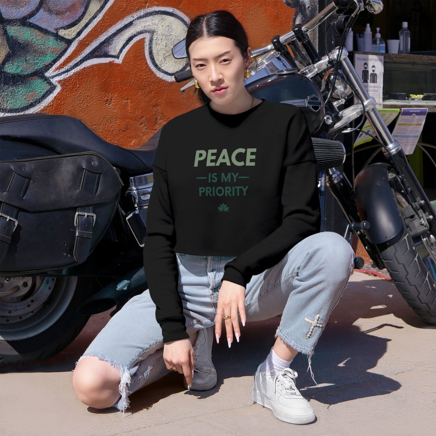 Cropped Sweatshirt — "Peace Is My Priority" Relaxed Women's Pullover