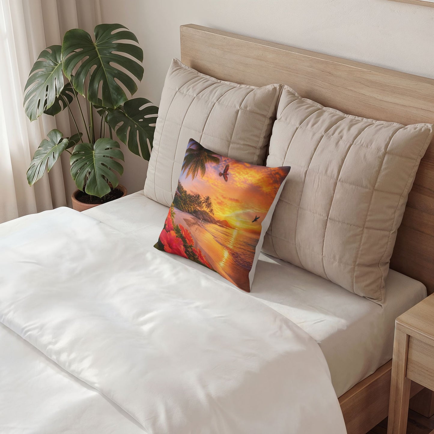 Tropical Sunset Pillow – Beach Scene Poly Velvet Decorative Throw Pillow
