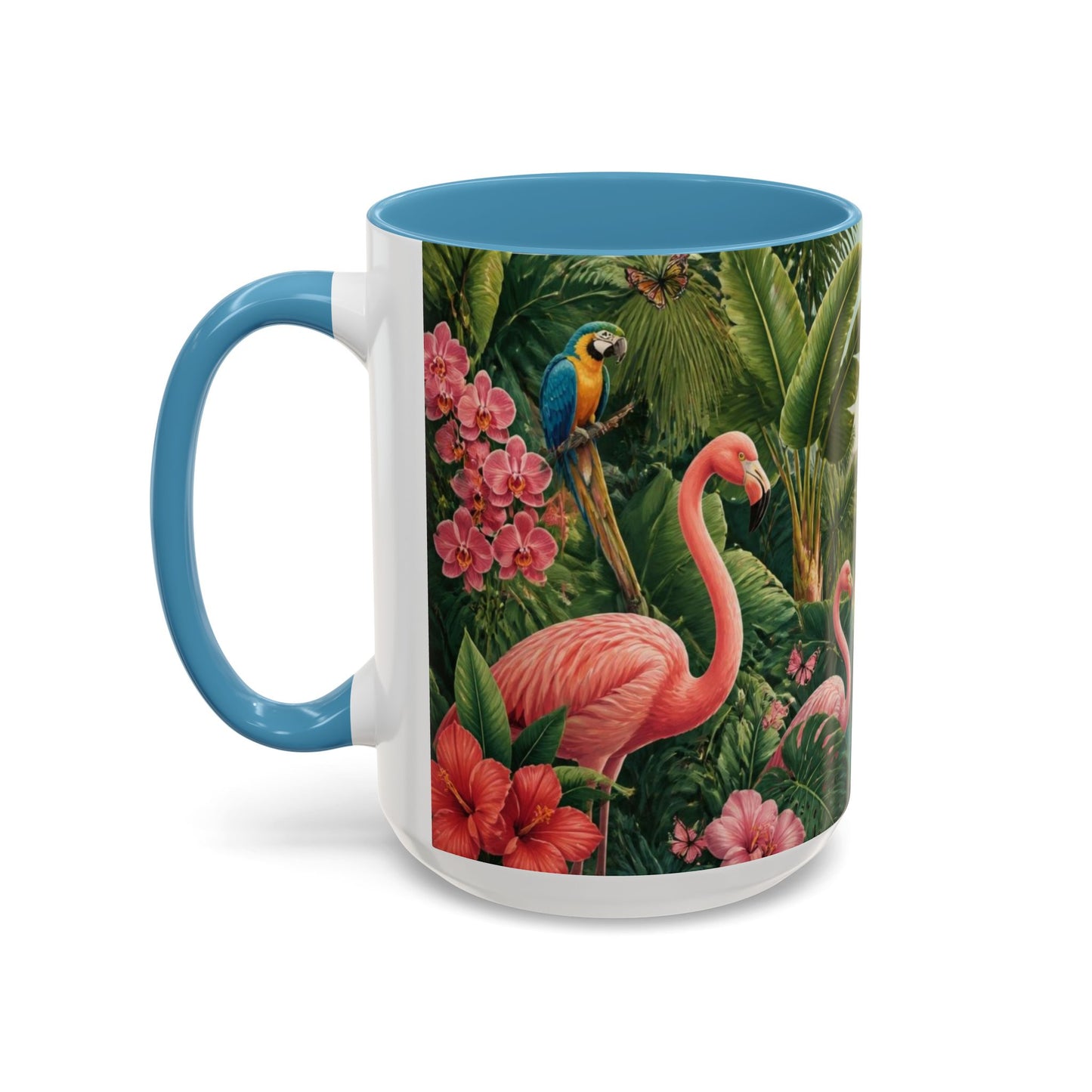 Tropical Flamingo Accent Mug — Colorful Parrot & Palm Coffee Cup