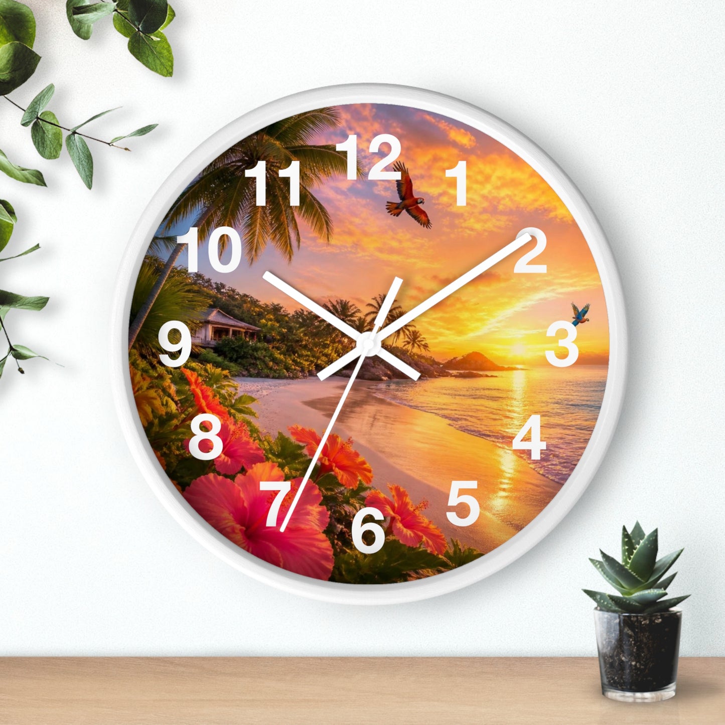 Tropical Sunset Wall Clock — Beachscape Clock with Hibiscus & Palm Design
