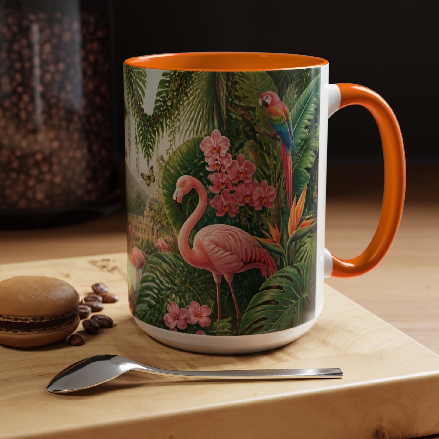 Tropical Flamingo Accent Mug — Colorful Parrot & Palm Coffee Cup