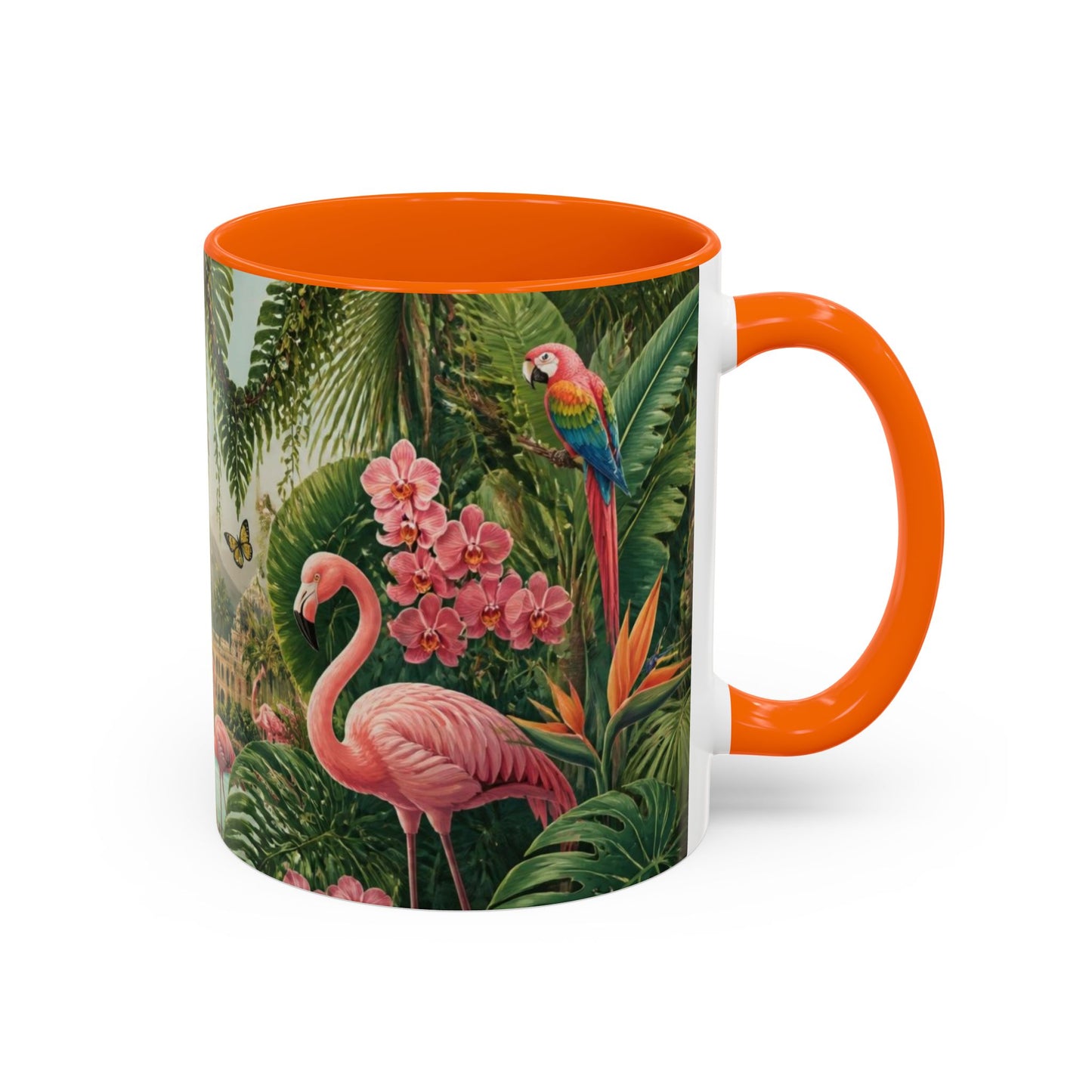 Tropical Flamingo Accent Mug — Colorful Parrot & Palm Coffee Cup