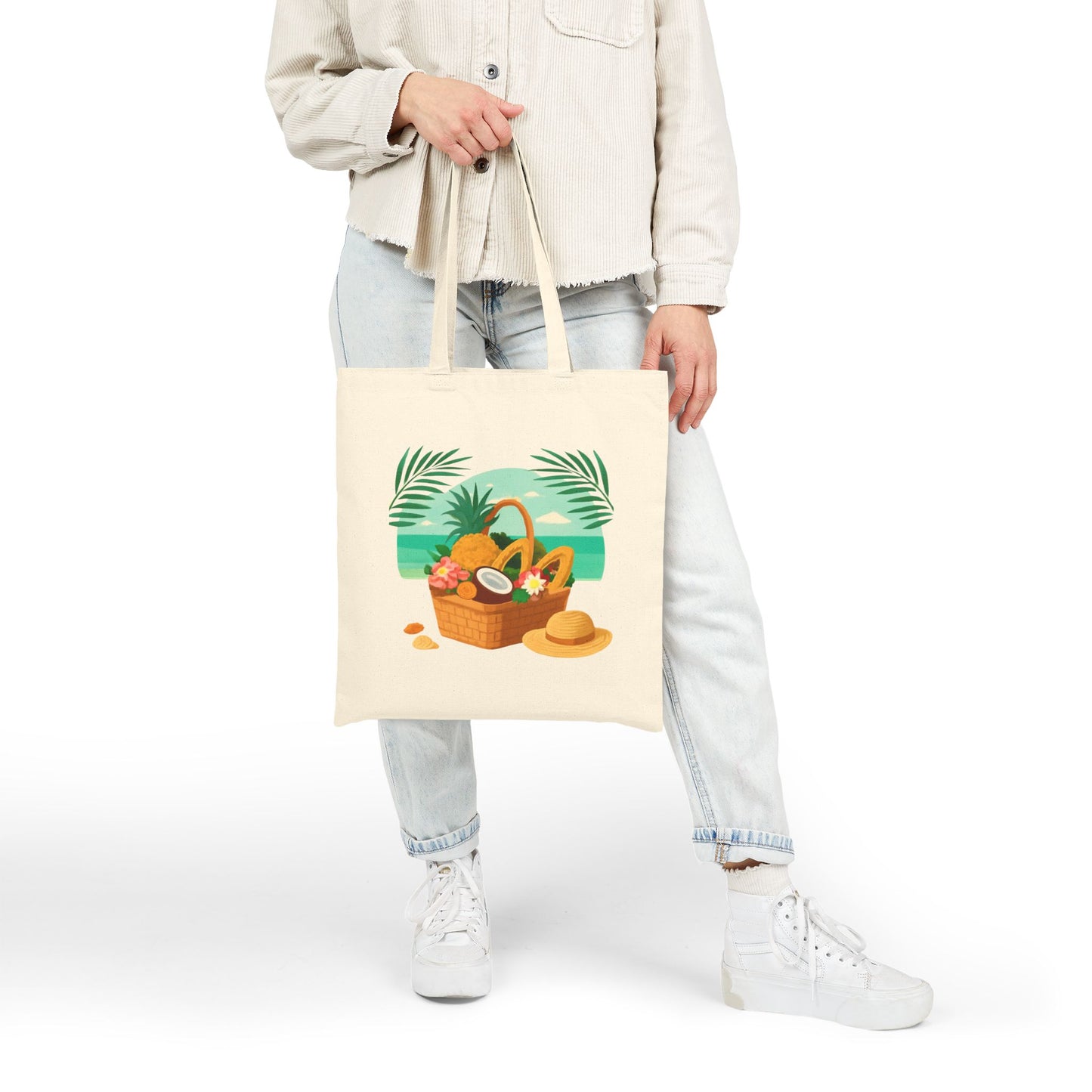 Beach Picnic Tote Bag – Tropical Straw Hat & Basket Canvas Shopper
