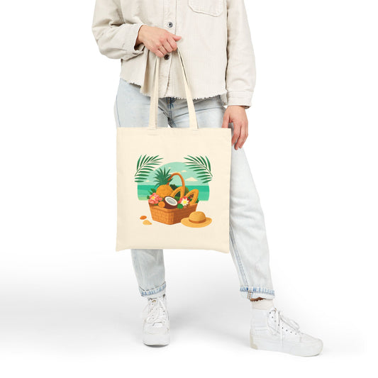 Beach Picnic Tote Bag – Tropical Straw Hat & Basket Canvas Shopper