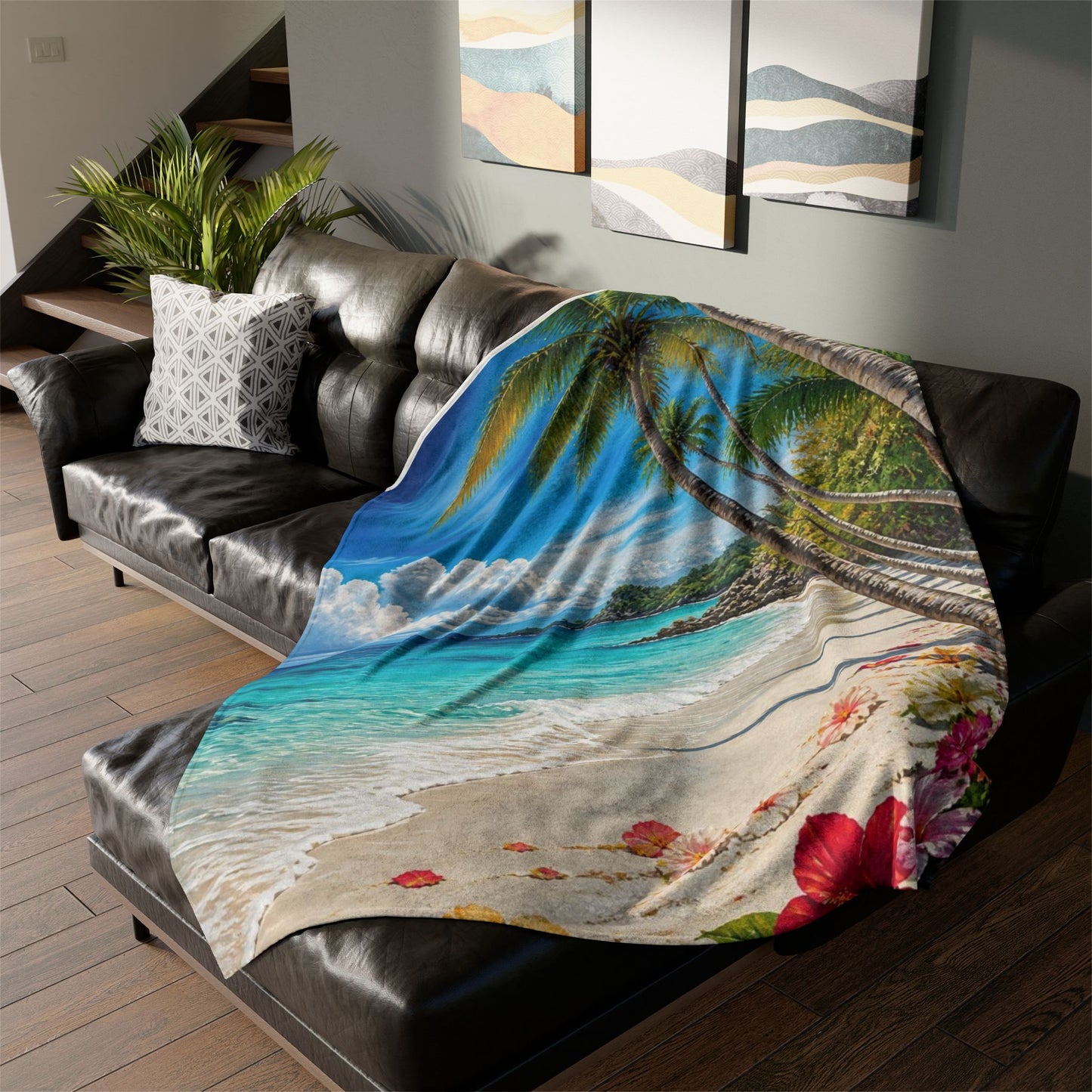 Tropical Beach Blanket — Palm Trees, Ocean Waves & Hibiscus Coastal Throw