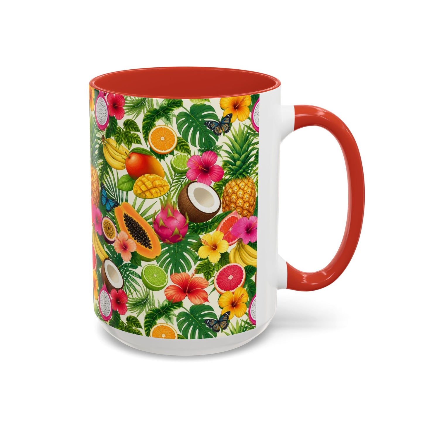 Tropical Fruit Coffee Mug — Colorful Pineapple & Hibiscus Accent Ceramic Mug (11/15oz)