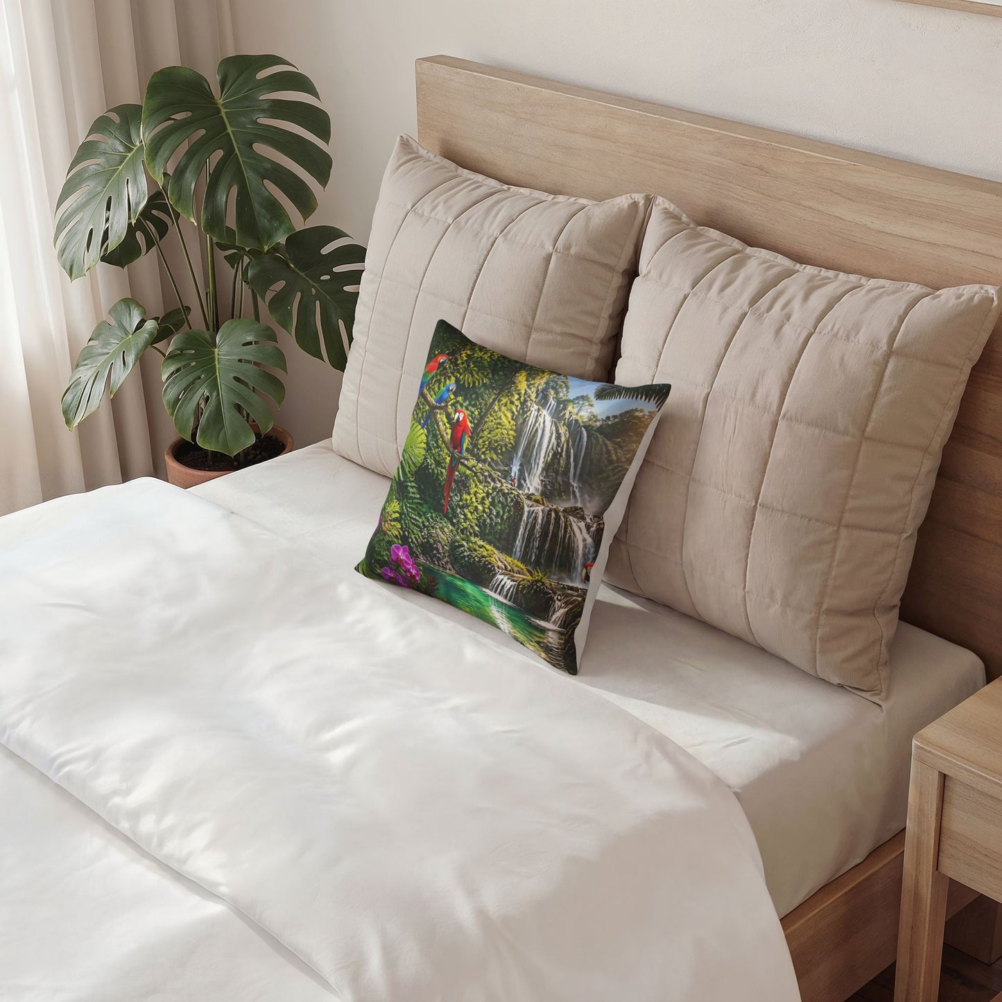 Tropical Waterfall Pillow - Velvet Parrot Paradise Throw Pillow