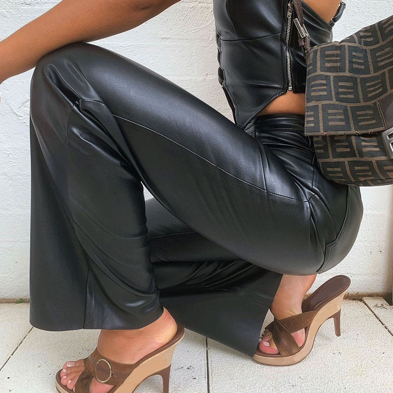 Women's High-Waisted PU Leather Straight-Leg Pants – Black Casual Chic