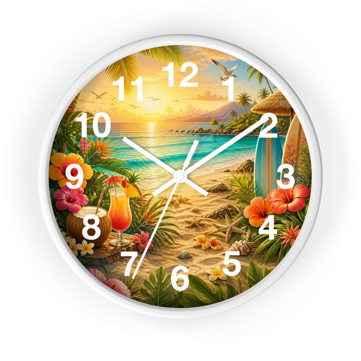 Tropical Beach Wall Clock — Sunset Surf & Hibiscus Clock