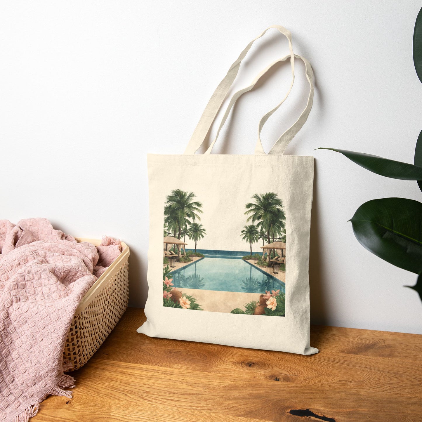 Tote Bag — Vintage Tropical Pool Canvas Tote (Palm Trees & Hibiscus)