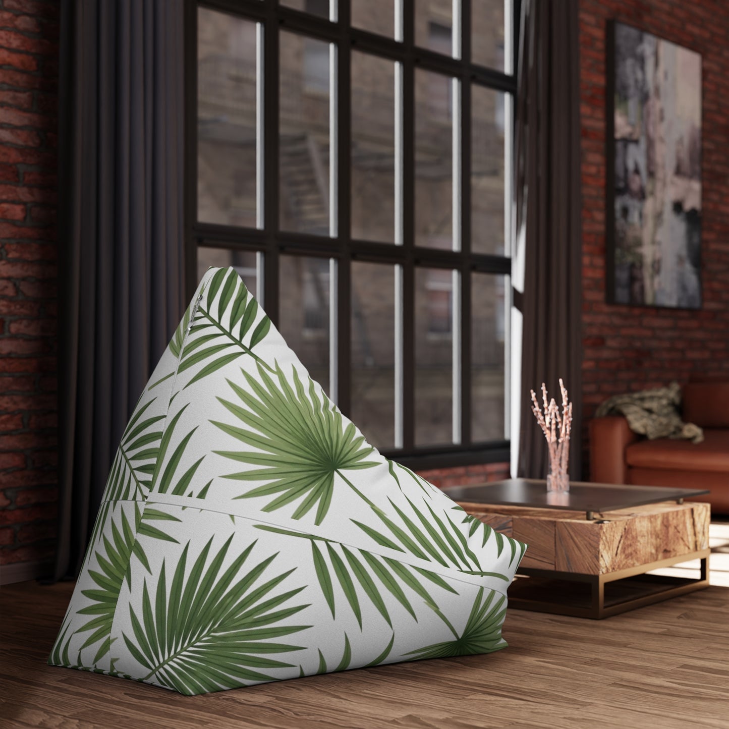 Tropical Palm Leaf Bean Bag Cover - Green Botanical Floor Pouf Slipcover