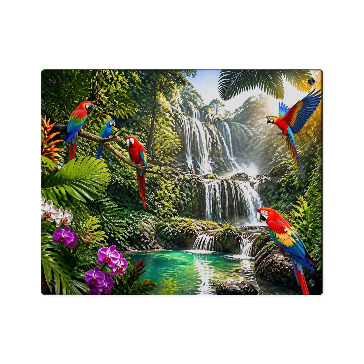 Tropical Waterfall Acrylic Wall Art Panel — Parrots & Jungle Oasis