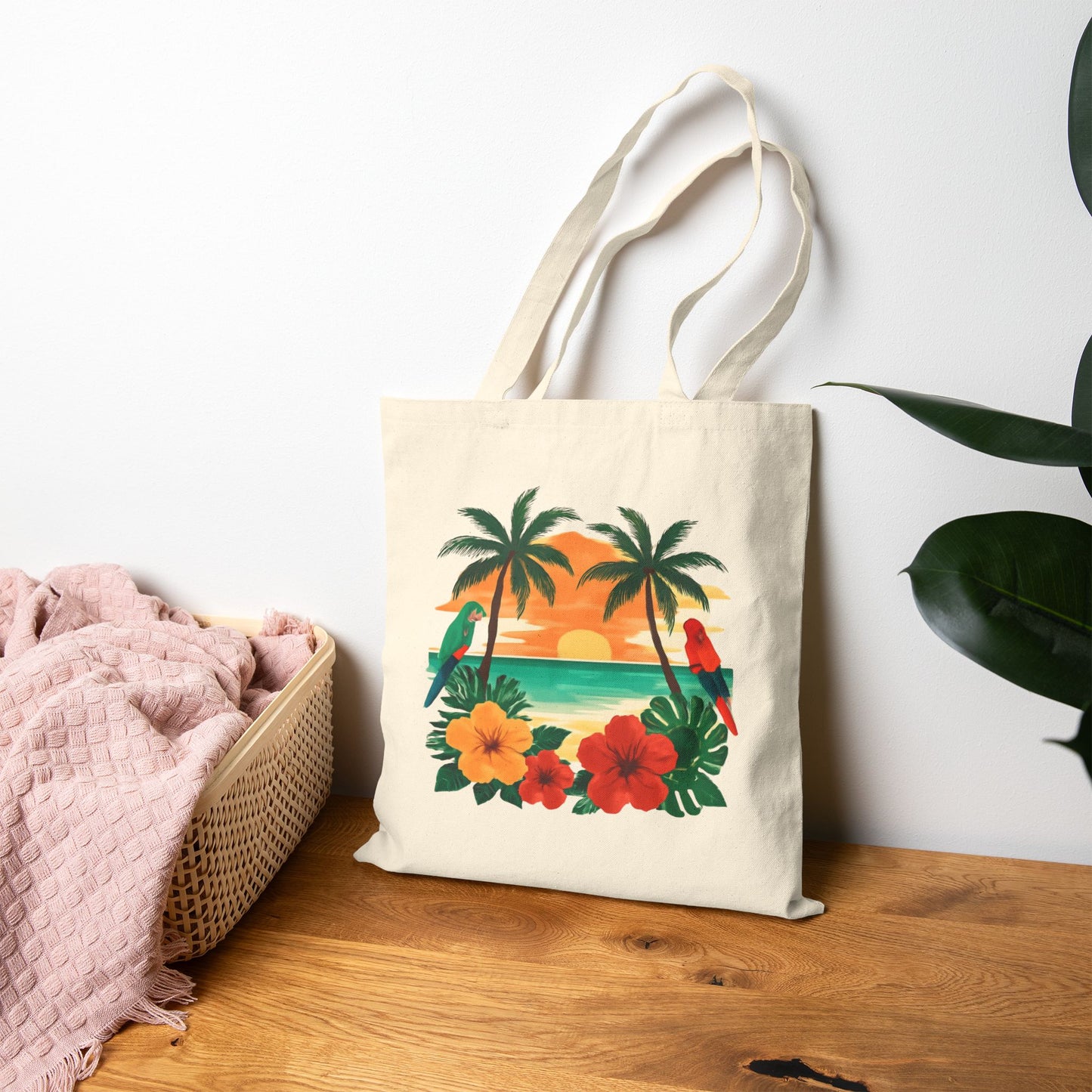 Tote Bag — Tropical Sunset Palm & Hibiscus Canvas Tote