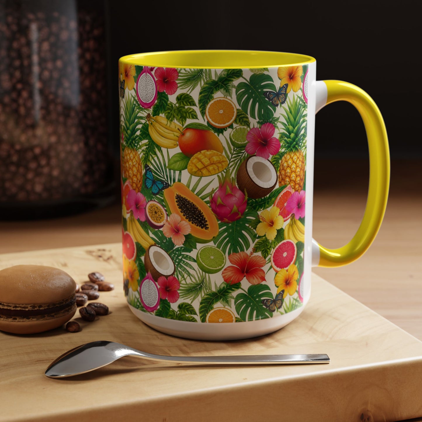 Tropical Fruit Coffee Mug — Colorful Pineapple & Hibiscus Accent Ceramic Mug (11/15oz)