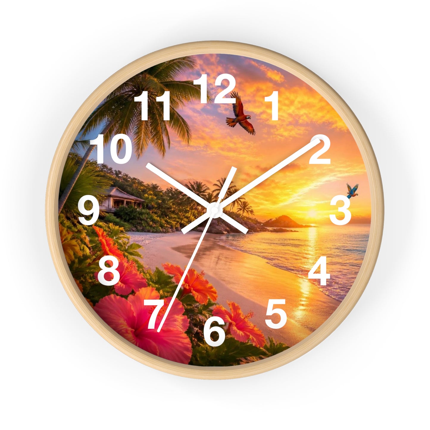 Tropical Sunset Wall Clock — Beachscape Clock with Hibiscus & Palm Design