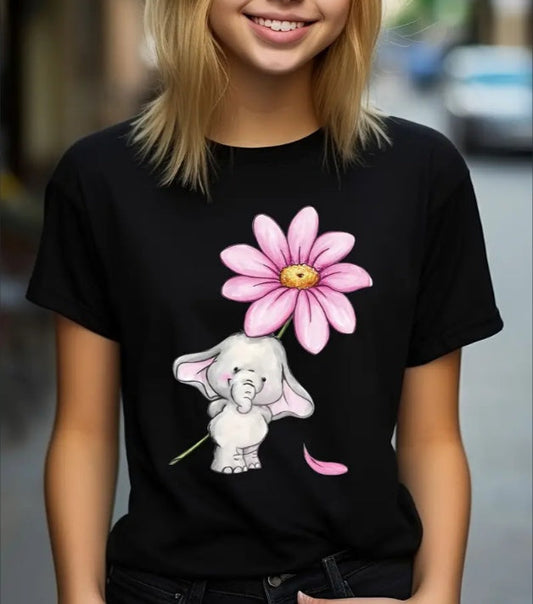 Chic Elephant & Floral Print Girls' T-Shirt – Loose Fit, Crew Neck, Short Sleeve