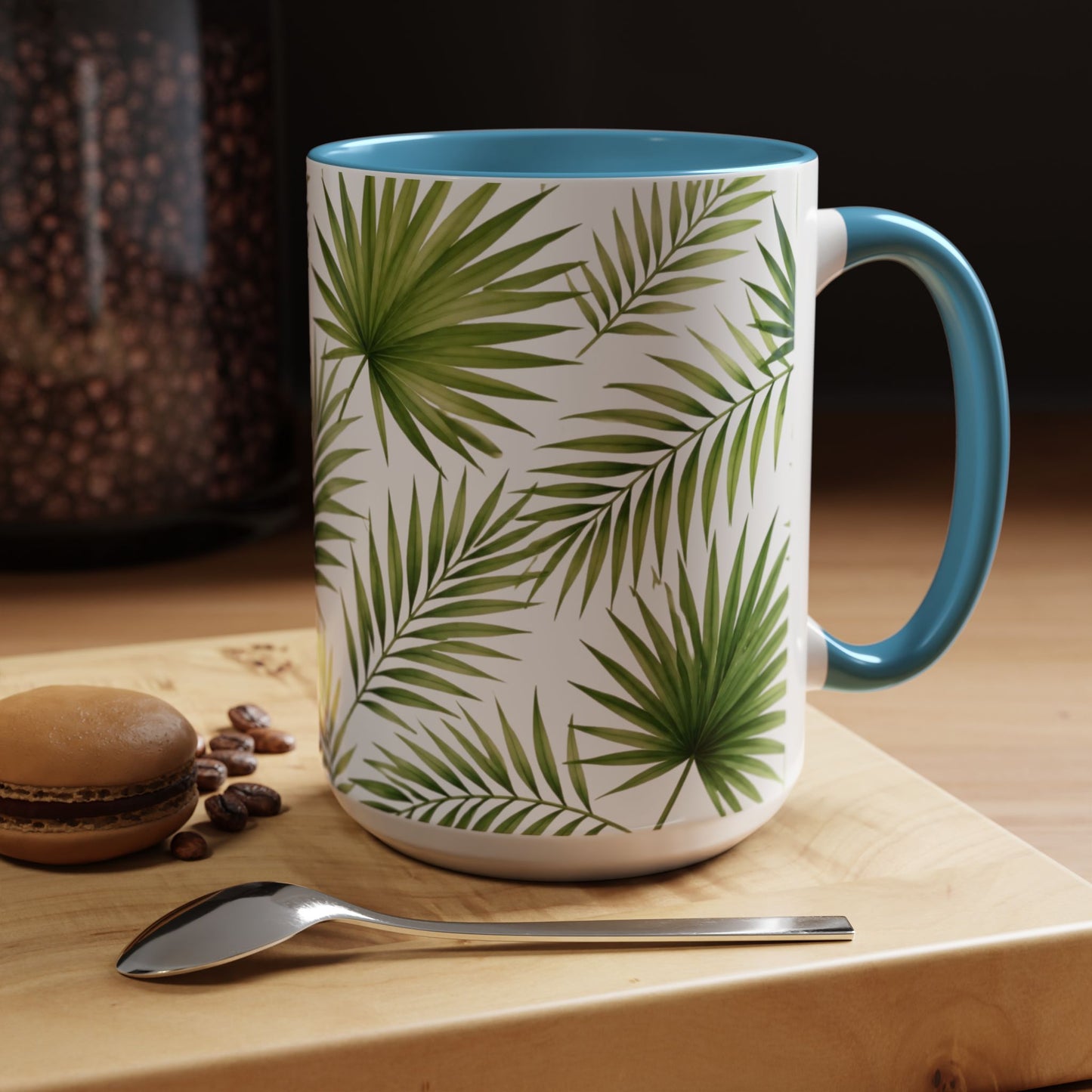 Tropical Palm Accent Coffee Mug – Green Leaf Pattern, 11/15oz