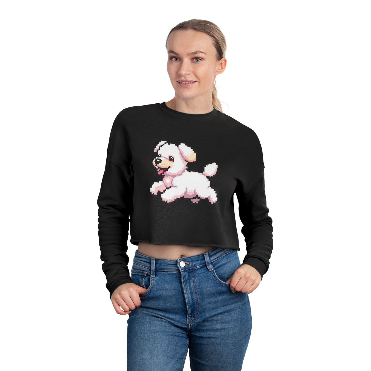 Playful Puppy Women's Cropped Sweatshirt, Cute Dog Sweatshirt, Pet Lover Gift, Casual Chic Top, Spring Fashion, Animal Lover Apparel