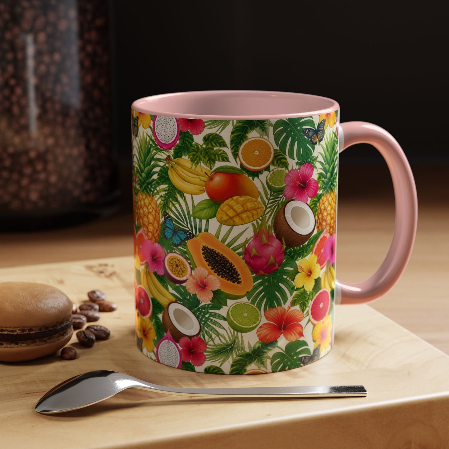 Tropical Fruit Coffee Mug — Colorful Pineapple & Hibiscus Accent Ceramic Mug (11/15oz)