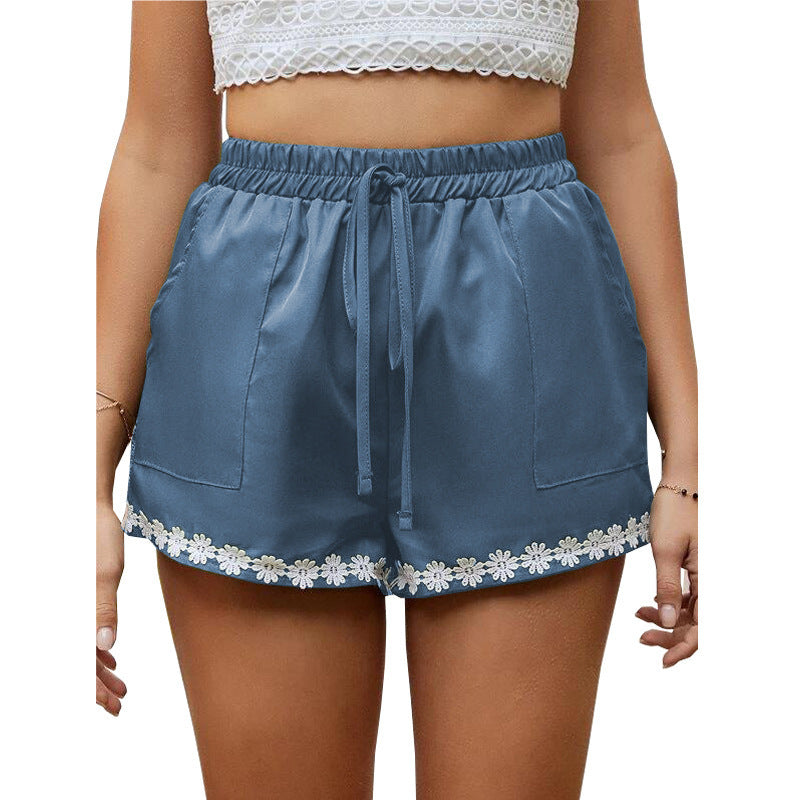 Women’s Lace Trim Loose Hot Pants – Elastic Waist & Tie Closure