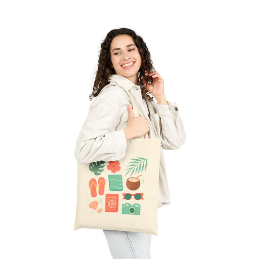 Tote Bag — Summer Travel Essentials Canvas Tote (flip-flops, camera, coconut & sunglasses)