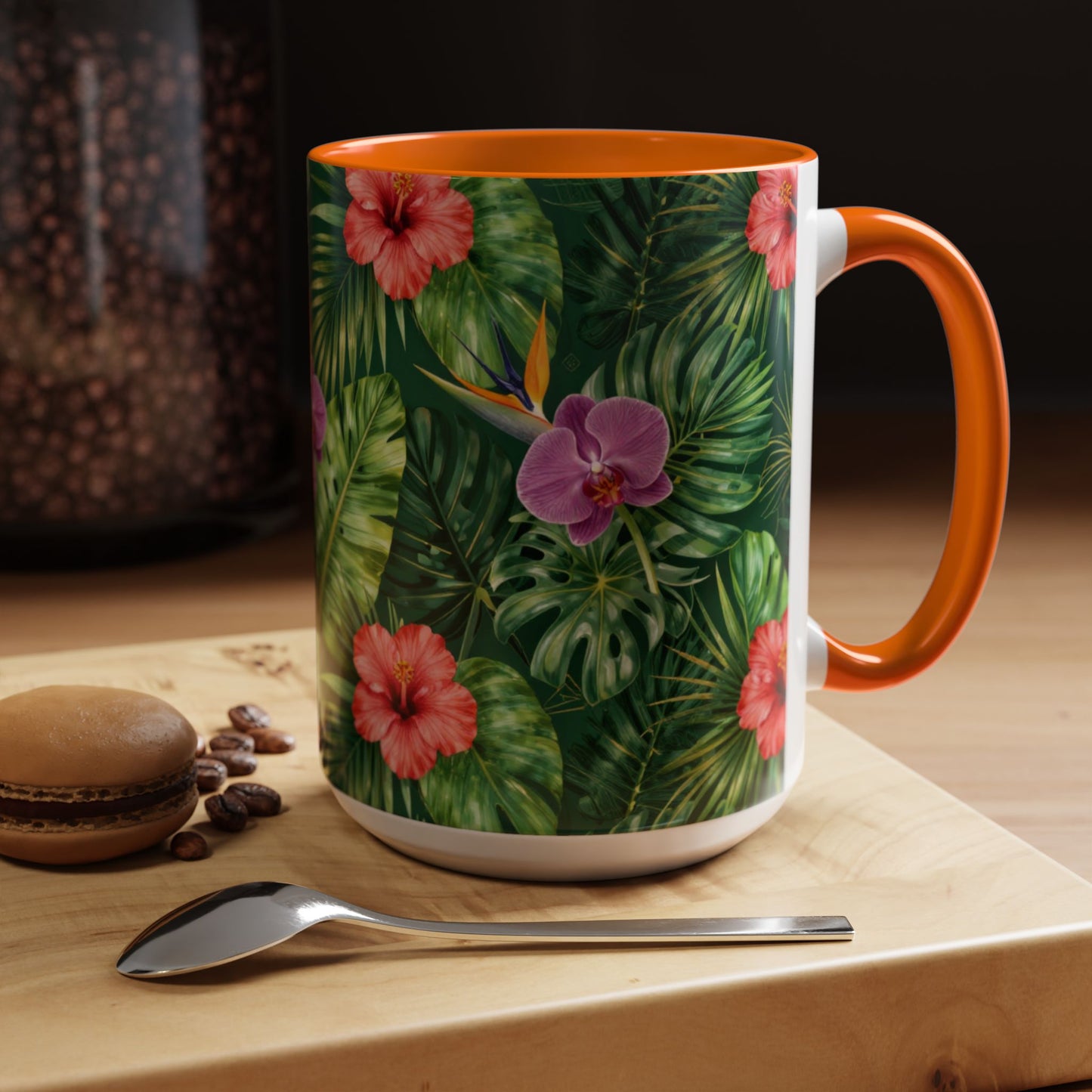 Tropical Floral Coffee Mug — Orchid & Hibiscus Accent 11/15oz