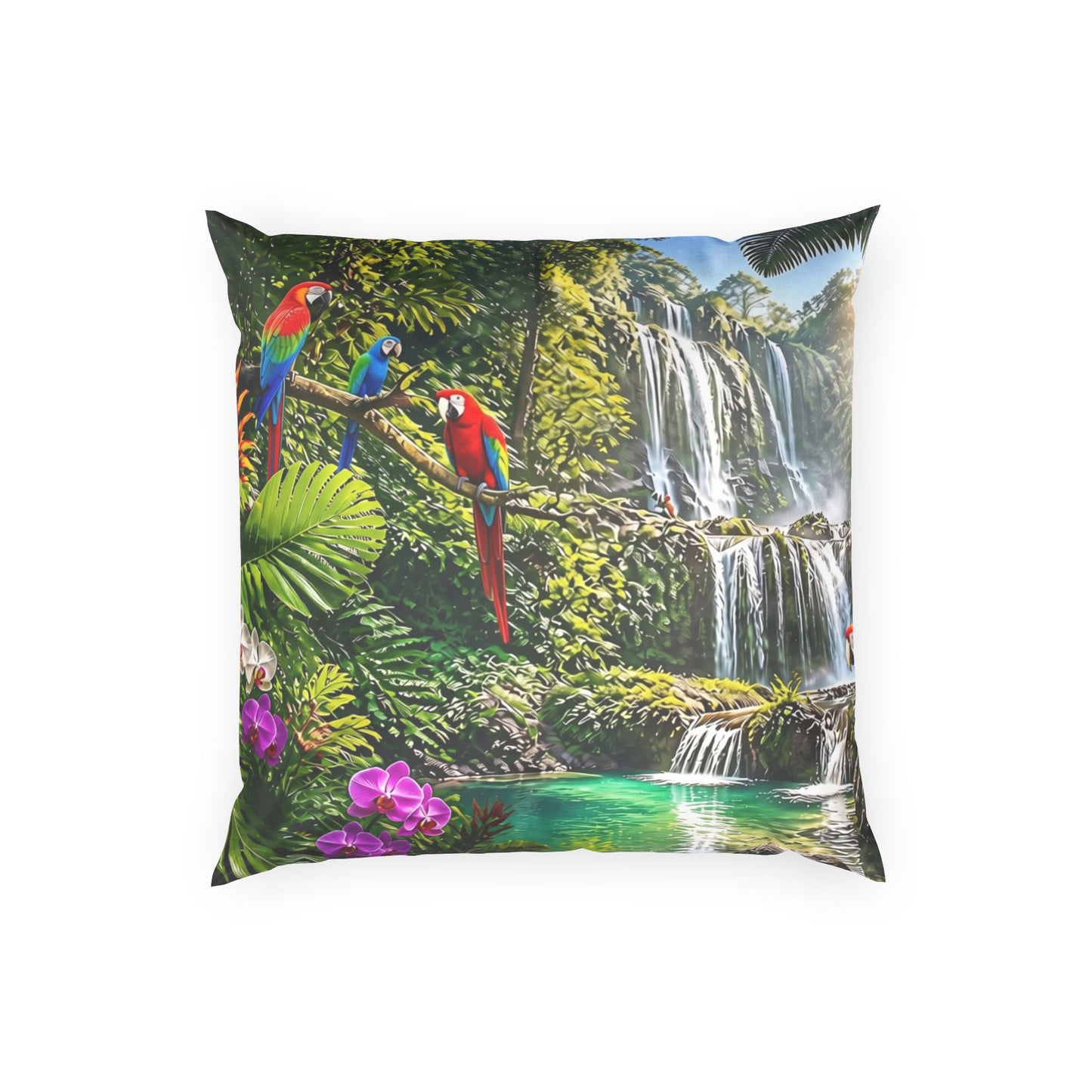 Tropical Waterfall Pillow - Velvet Parrot Paradise Throw Pillow