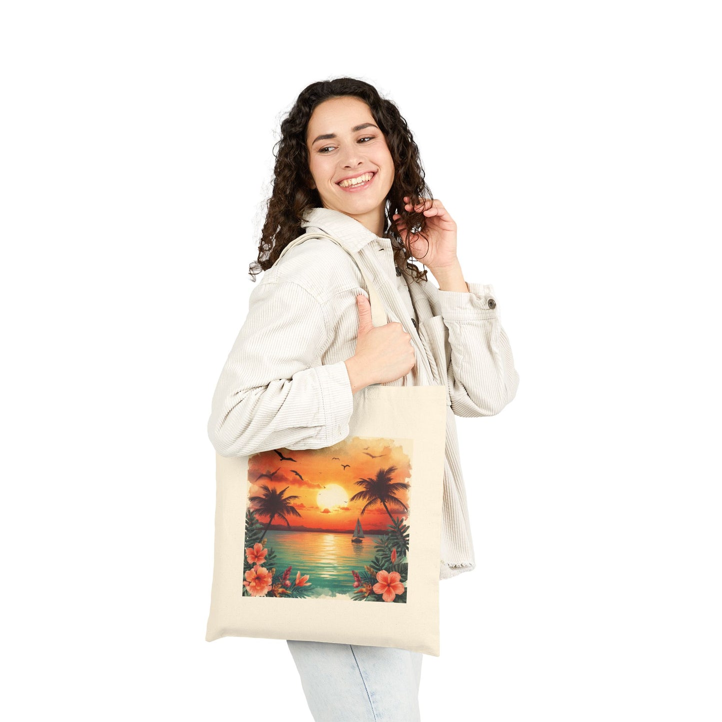 Tote Bag — Tropical Sunset Beach Canvas Tote (Palm Trees & Hibiscus)