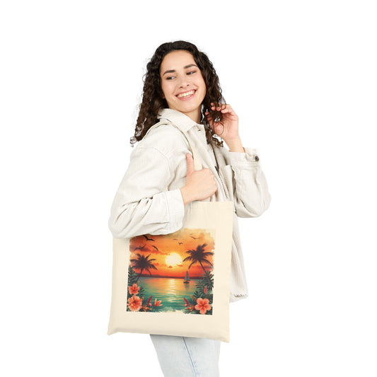 Tote Bag — Tropical Sunset Beach Canvas Tote (Palm Trees & Hibiscus)