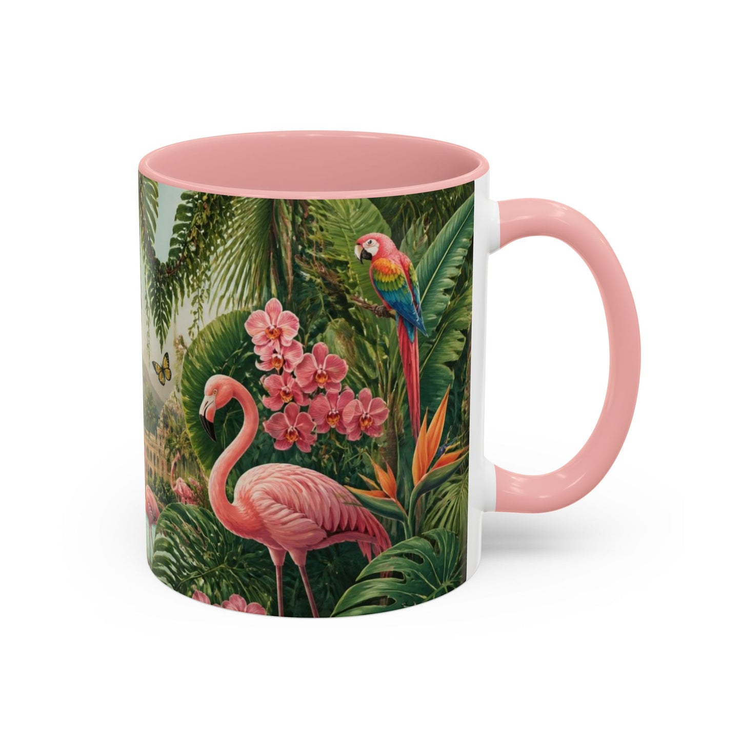 Tropical Flamingo Accent Mug — Colorful Parrot & Palm Coffee Cup